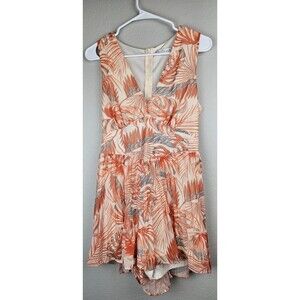 Chicways Women's Size Large Tropical Orange Palms Pleated Romper Deep V-Neck